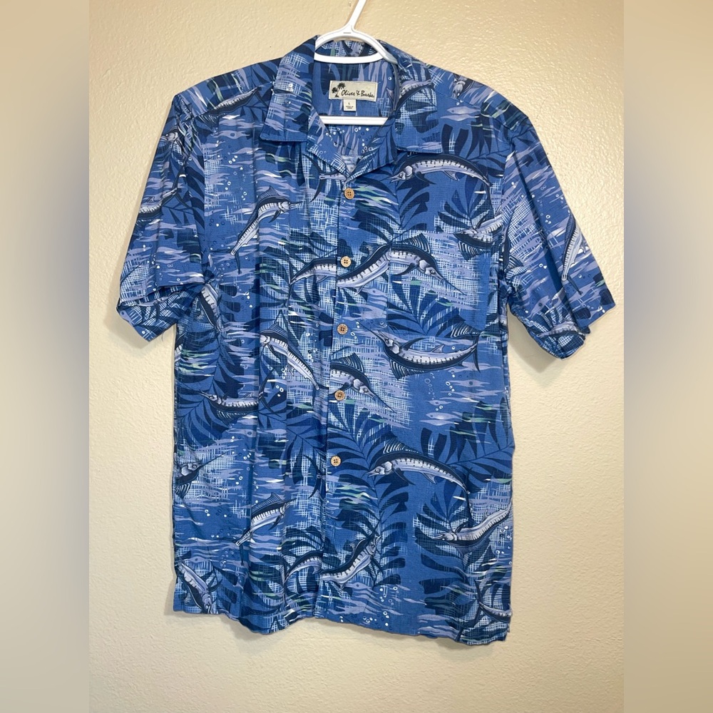 Oliver & Burke Blue Tropical Marlin Print Short-Sleeve Shirt
